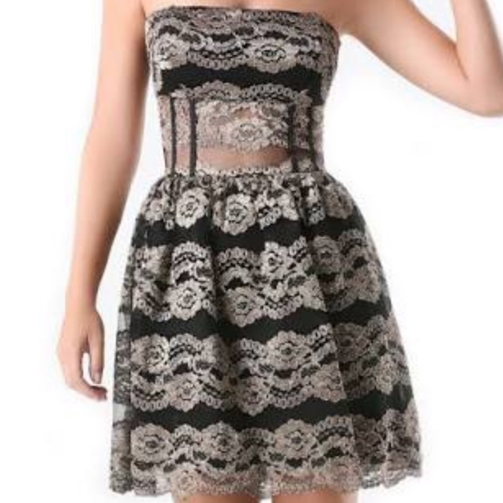 bebe gold and black lacy strapless dress